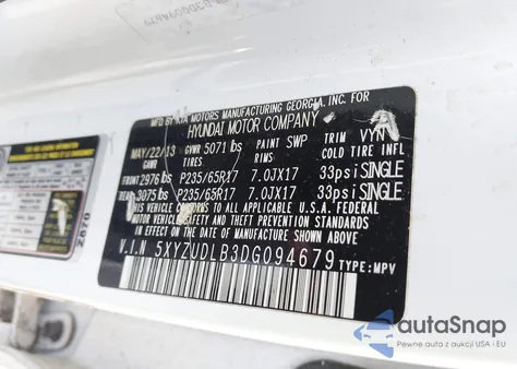 2013 Hyundai Santa Fe Sport z USA, uszkodzony, nr VIN 5XYZUDLB3DG094679